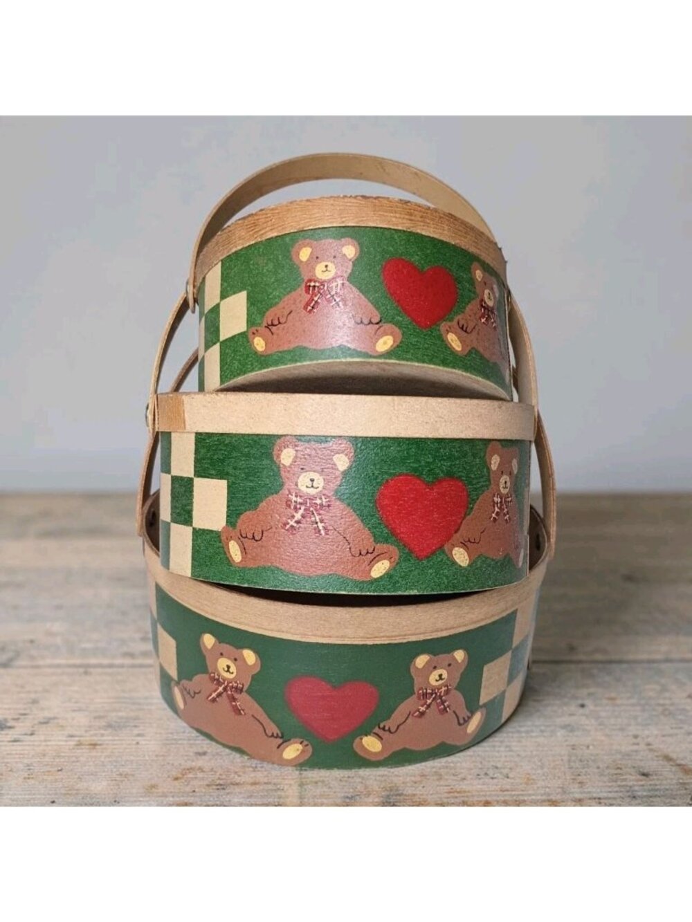 Vintage 80's Slat Wood Teddy Bear Nesting Baskets 3 Holiday Country Primitive